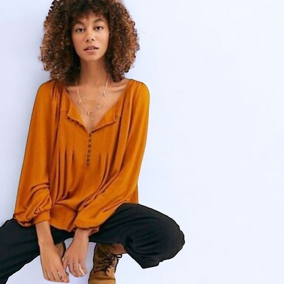 FREE PEOPLE Oversized Flowy Bubble Sleeve Devin Henley Top in Autumn Pea… - Picture 2 of 12